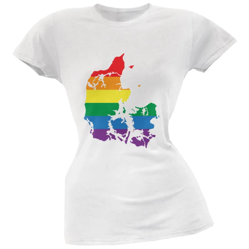 Denmark LGBT Lesbian Pride Rainbow White Juniors Soft T-Shirt sold by Old Glory