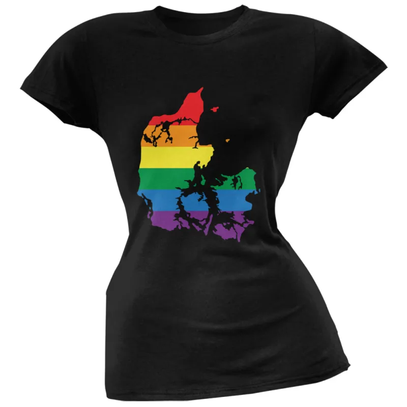 Denmark LGBT Lesbian Pride Rainbow Black Juniors Soft T-Shirt sold by Old Glory