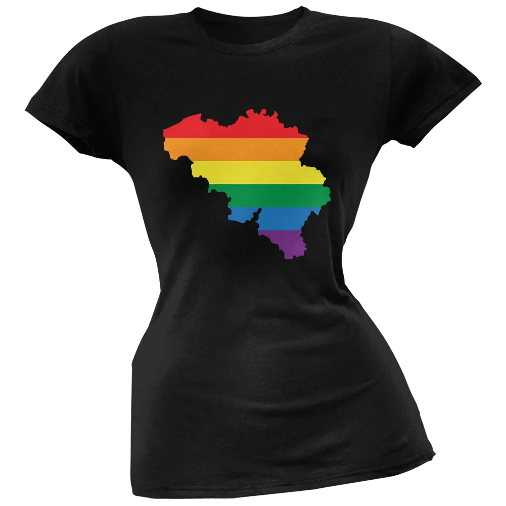 Belgium LGBT Lesbian Pride Rainbow Black Juniors Soft T-Shirt sold by Old Glory