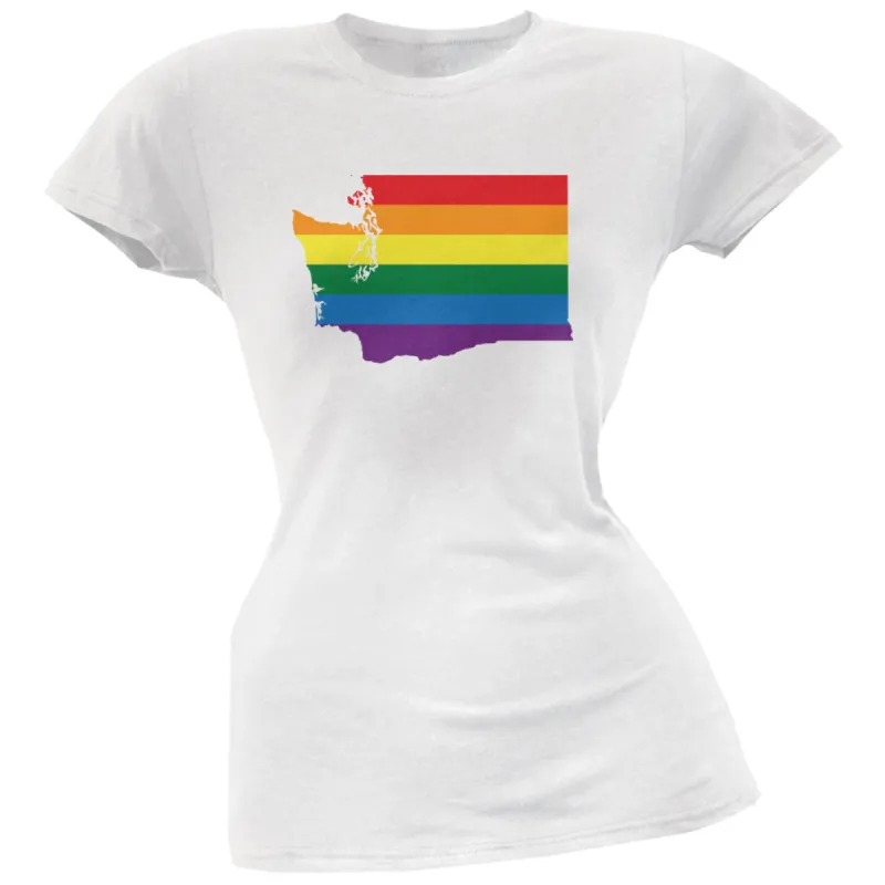 Washington LGBT Lesbian Pride Rainbow White Juniors Soft T-Shirt sold by Old Glory