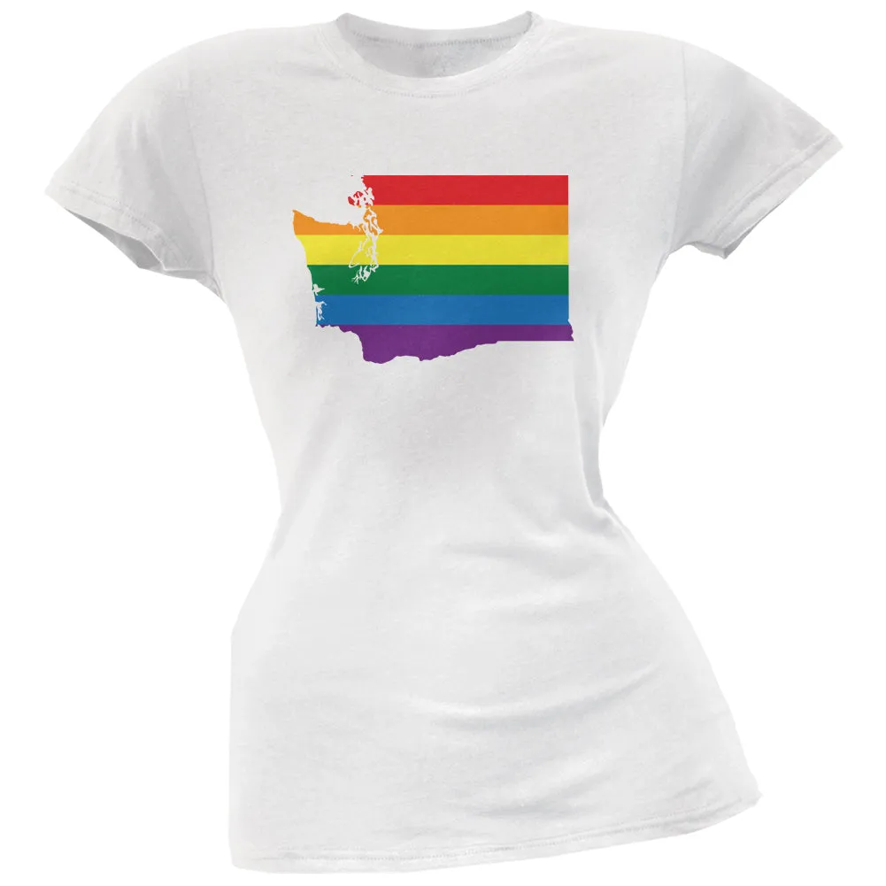 Washington LGBT Lesbian Pride Rainbow White Juniors Soft T-Shirt sold by Old Glory