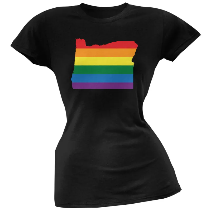 Oregon LGBT Lesbian Pride Rainbow Black Juniors Soft T-Shirt sold by Old Glory