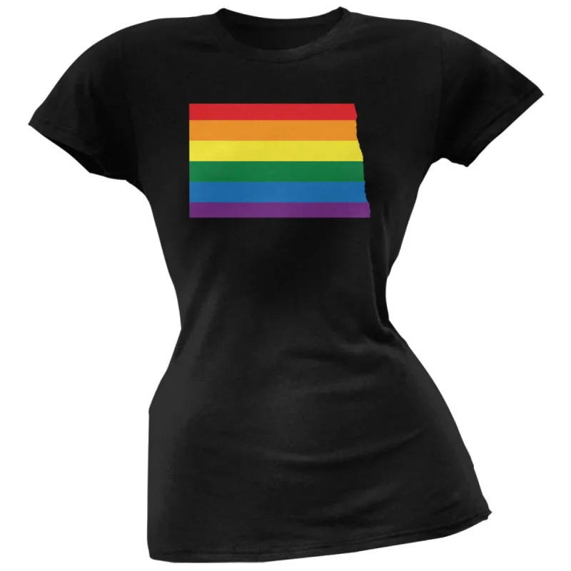 North Dakota LGBT Lesbian Pride Rainbow Black Juniors Soft T-Shirt sold by Old Glory