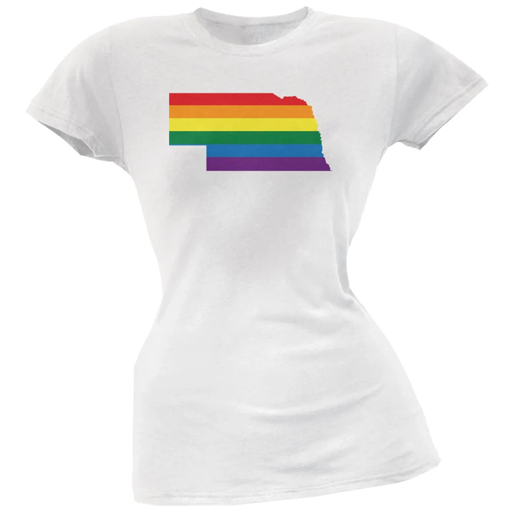 Nebraska LGBT Lesbian Pride Rainbow White Juniors Soft T-Shirt sold by Old Glory