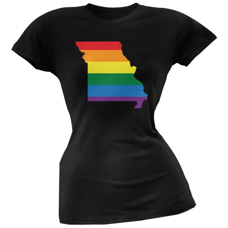 Missouri LGBT Lesbian Pride Rainbow Black Juniors Soft T-Shirt sold by Old Glory