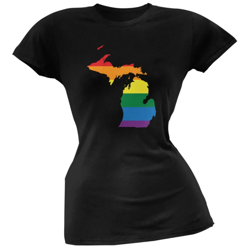 Michigan LGBT Lesbian Pride Rainbow Black Juniors Soft T-Shirt sold by Old Glory