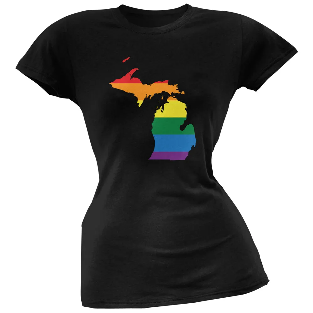 Michigan LGBT Lesbian Pride Rainbow Black Juniors Soft T-Shirt sold by Old Glory