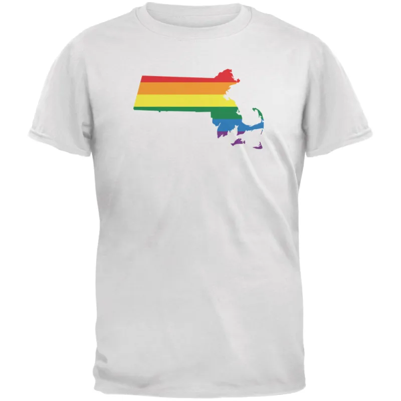 Massachusetts LGBT Gay Pride Rainbow White Adult T-Shirt sold by Old Glory