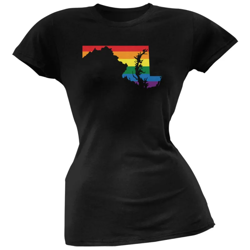 Maryland LGBT Lesbian Pride Rainbow Black Juniors Soft T-Shirt sold by Old Glory