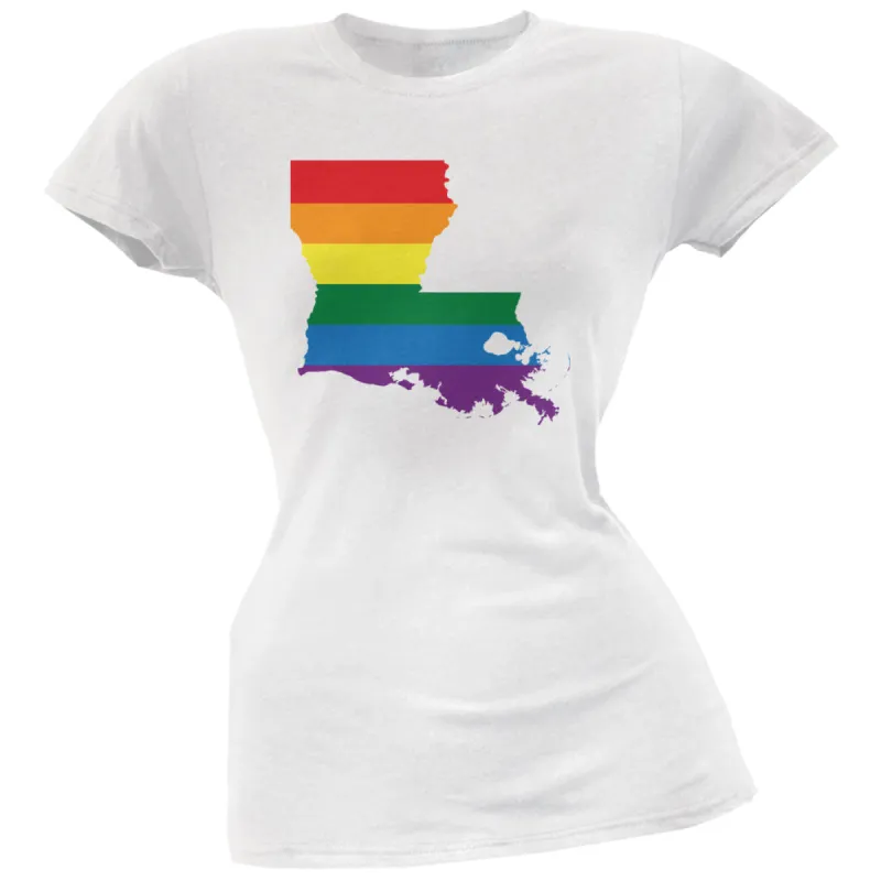 Louisiana LGBT Lesbian Pride Rainbow White Juniors Soft T-Shirt sold by Old Glory