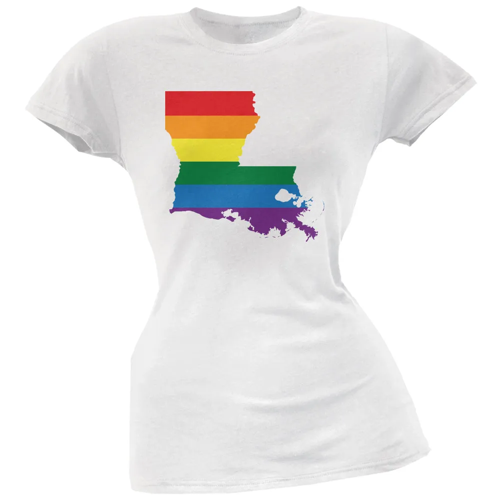 Louisiana LGBT Lesbian Pride Rainbow White Juniors Soft T-Shirt sold by Old Glory