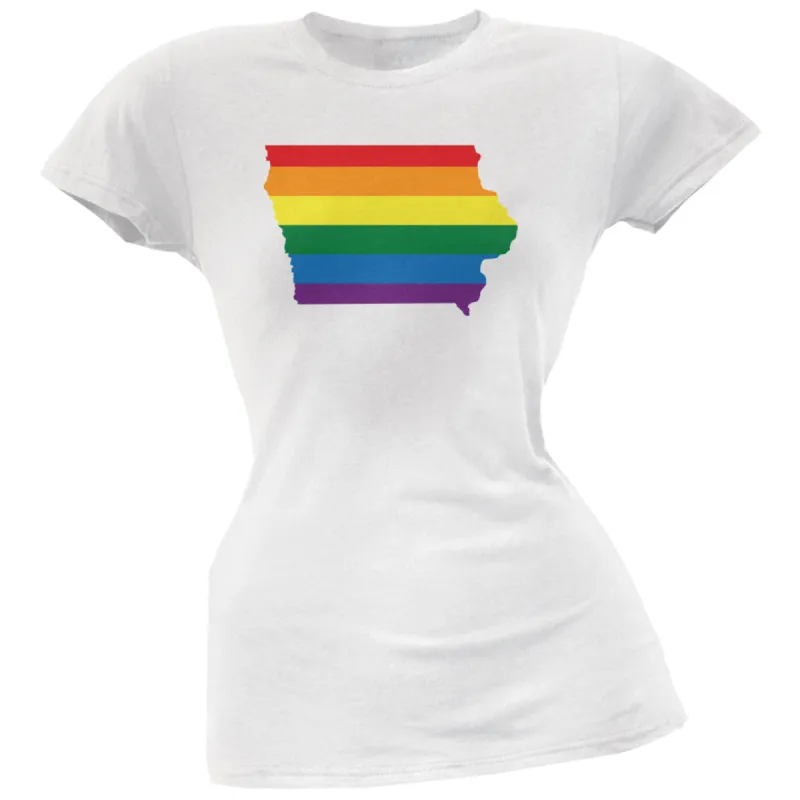 Iowa LGBT Lesbian Pride Rainbow White Juniors Soft T-Shirt sold by Old Glory