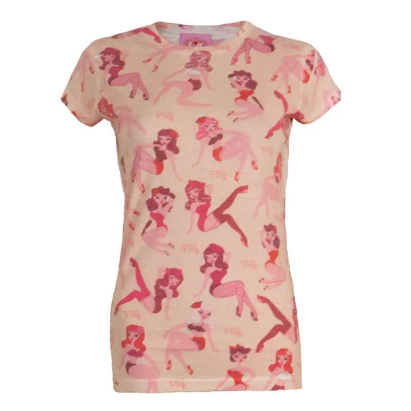 Fluff-Pin Up Girl All Over Juniors T Shirt sold by Old Glory