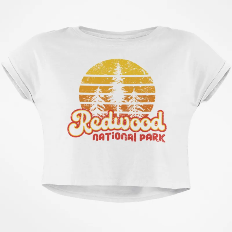 National Park Retro 70s Sunset Redwood Junior Boxy Crop Top T Shirt sold by Old Glory