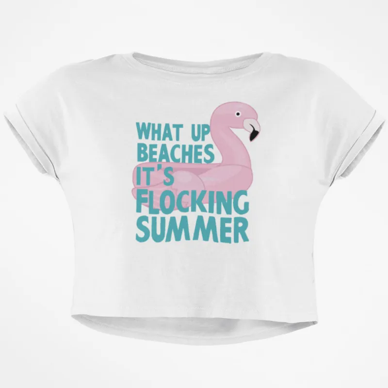 Flamingo What Up Beaches It's Flocking Summer Funny Pun Junior Boxy Crop Top T Shirt sold by Old Glory