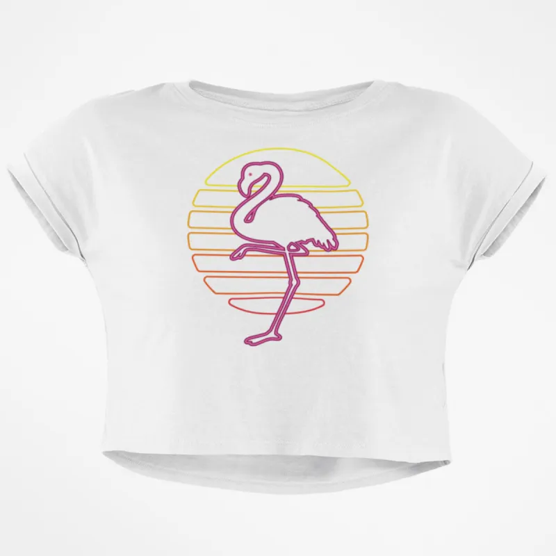 Retro 80s Neon Sign Flamingo Sunset Junior Boxy Crop top T Shirt sold by Old Glory