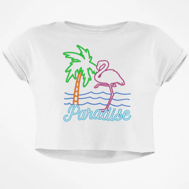 Retro 80s Neon Sign Flamingo Paradise Junior Boxy Crop Top T Shirt sold by Old Glory