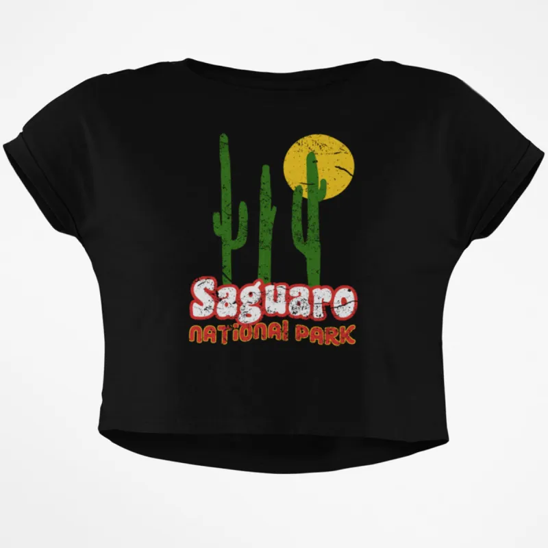 National Park Retro 70s Landscape Saguaro Junior Boxy Crop Top T Shirt sold by Old Glory