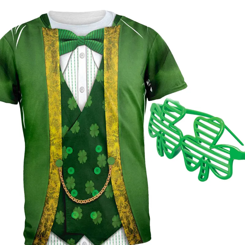 St. Patricks Day Leprechaun Costume All Over Mens T-Shirt and Shamrock Glasses Combo sold by Old Glory