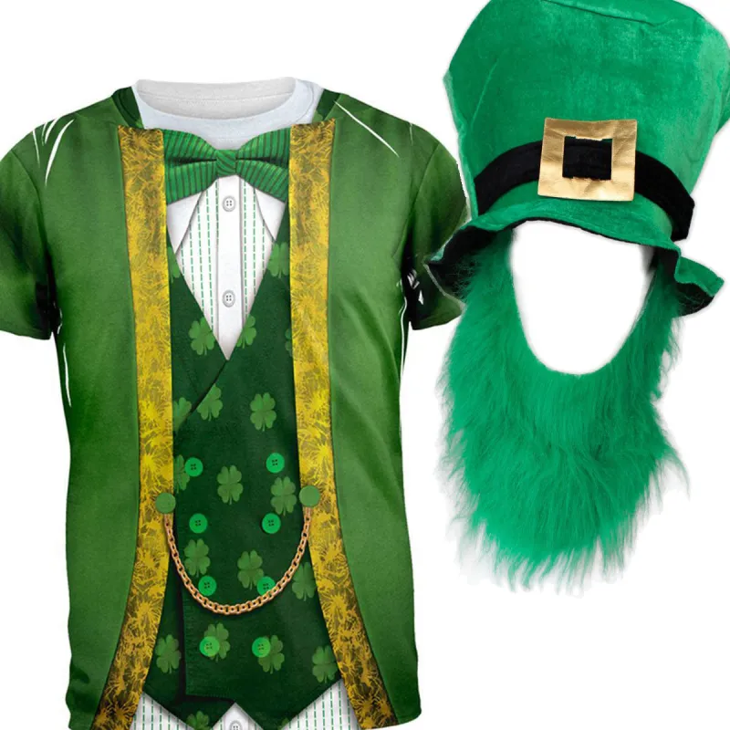 St. Patricks Day Leprechaun Costume All Over Adult T-Shirt and Hat with Beard Combo made by Old Glory
