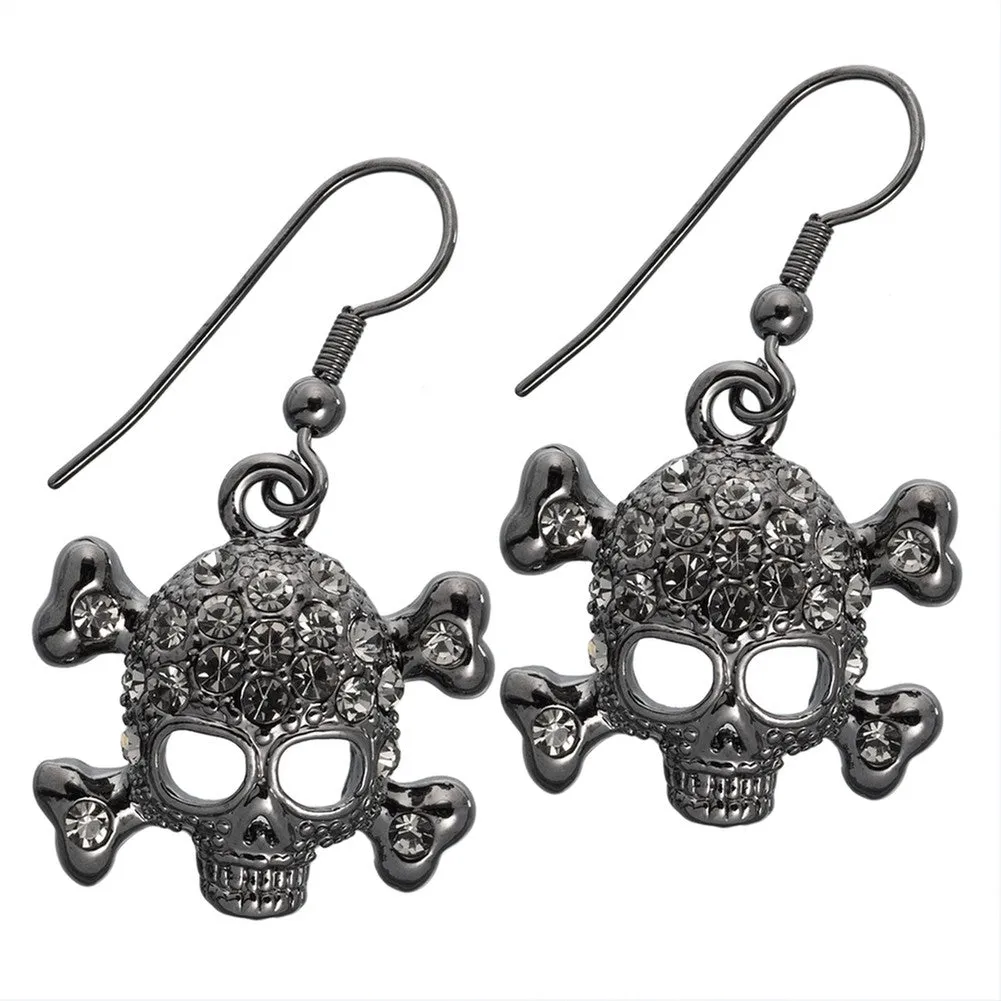 Gemmed Skull & Crossbones Black Dangle Earrings sold by Old Glory