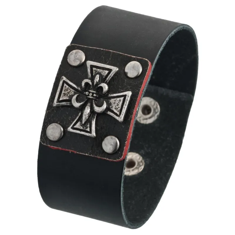 Fleur De Lis Iron Cross Leather Wristband sold by Old Glory