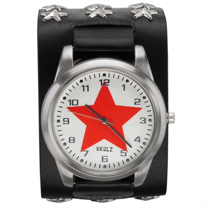 Red Star on White - Leather Strap Watch with Star Studs sold by Old Glory
