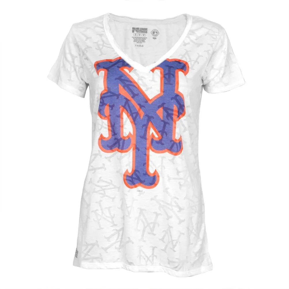 New York Mets - Large Logo Juniors Burnout V-Neck T-Shirt sold by Old Glory
