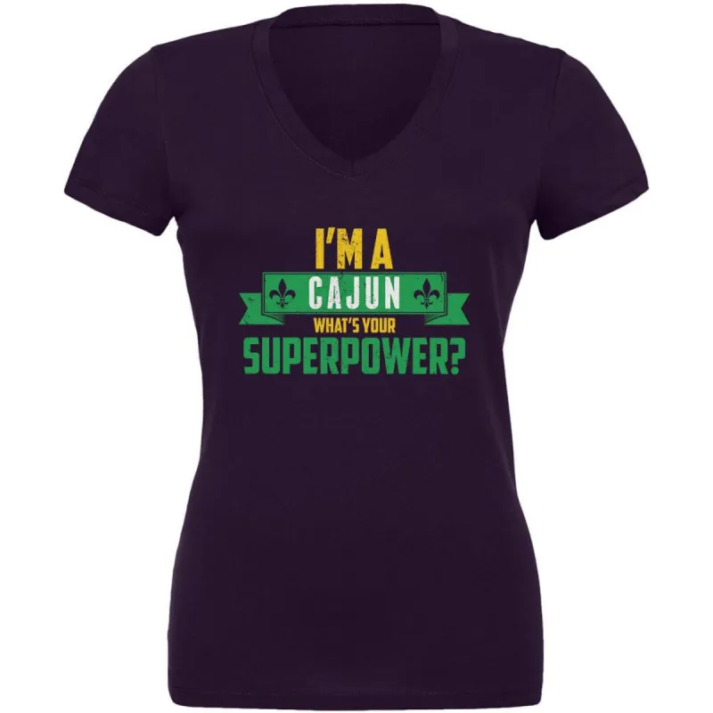 Mardi Gras I'm a Cajun What's Your Superpower Plum Juniors V-Neck T-Shirt sold by Old Glory