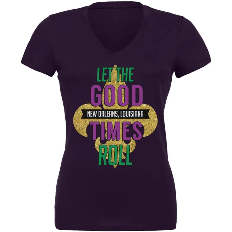 Mardi Gras Let the Good Times Roll Plum Juniors V-Neck T-Shirt sold by Old Glory