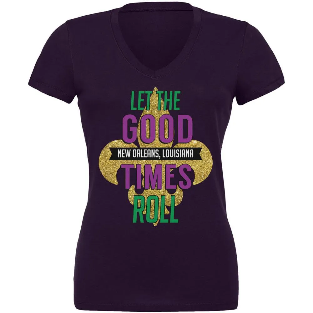 Mardi Gras Let the Good Times Roll Plum Juniors V-Neck T-Shirt sold by Old Glory