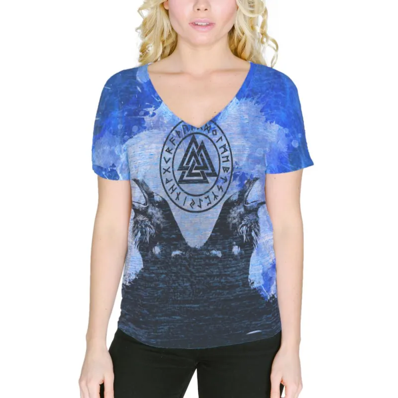 Huginn and Muninn Odin's Ravens Blue Splatter Women's Slouchy V-Neck T Shirt sold by Old Glory