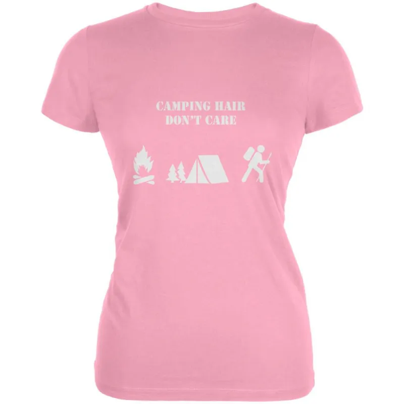 Camping Hair Don't Care Light Pink Juniors Soft T-Shirt sold by Old Glory