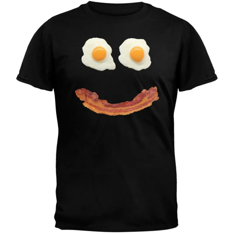 Mr. Happy Smiley Face Bacon And Eggs Black Adult T-Shirt sold by Old Glory