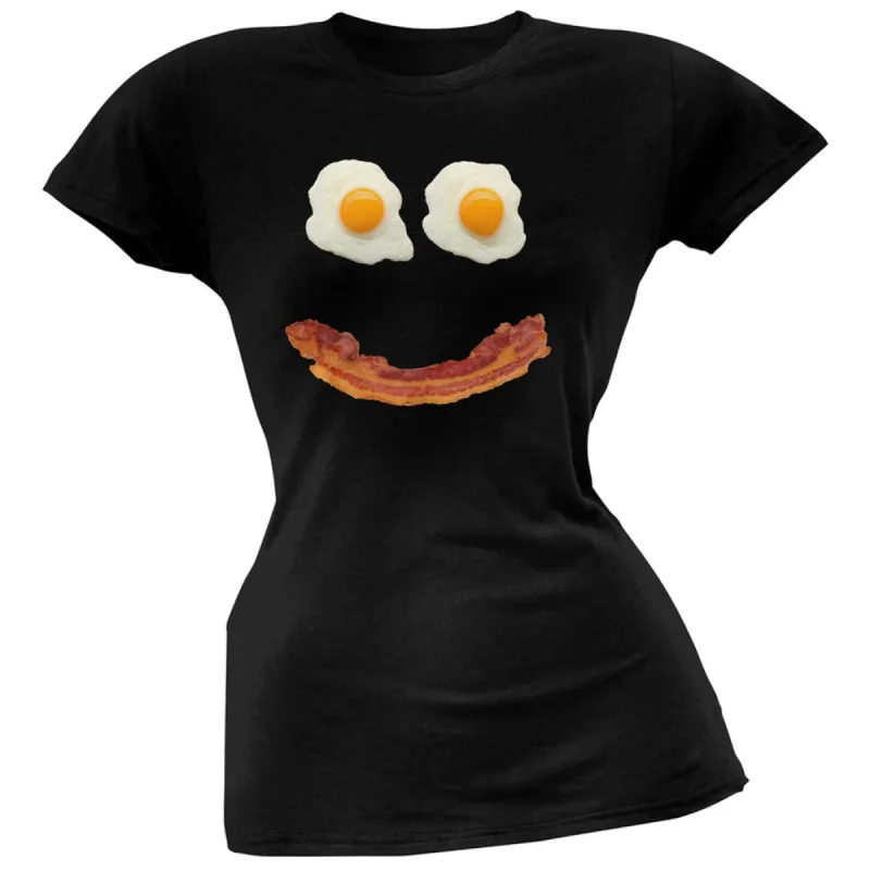 Mr. Happy Smiley Face Bacon And Eggs Black Soft Juniors T-Shirt sold by Old Glory