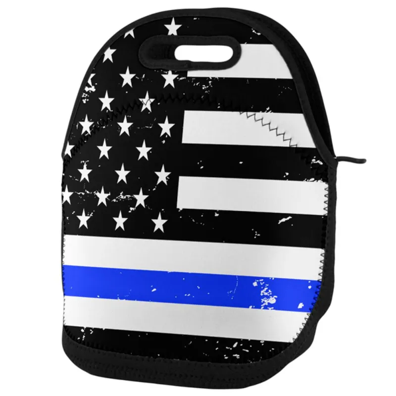Distressed Thin Blue Line American Flag Lunch Tote Bag sold by Old Glory