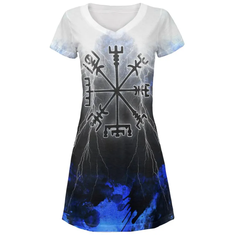 Vegvisir Nordic Viking Storm Compass Juniors V-Neck Beach Cover-Up Dress sold by Old Glory