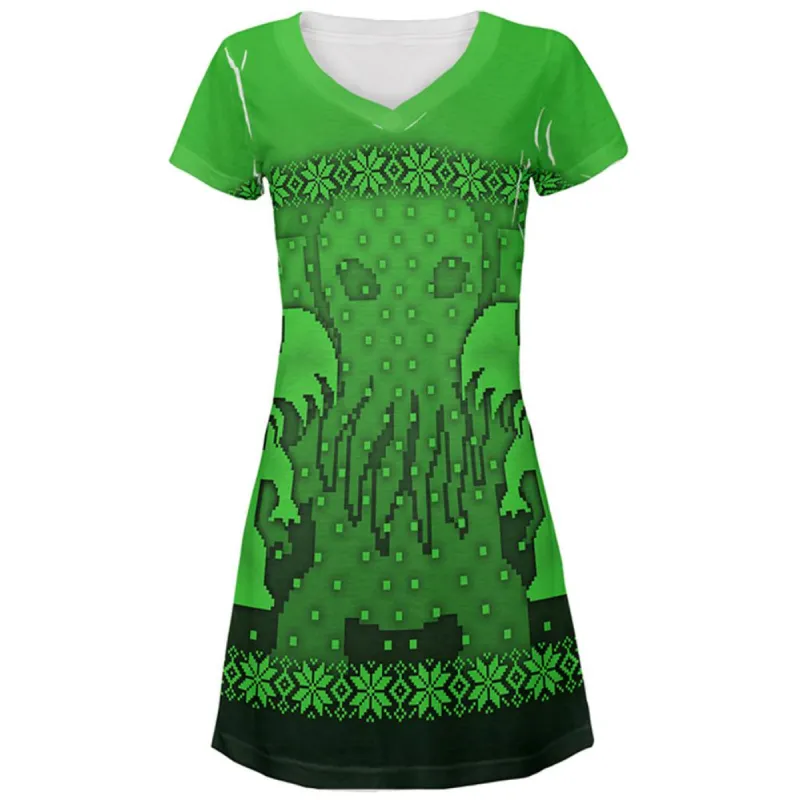 Ugly Christmas Sweater Big Cthulhu Greater Gods All Over Juniors Beach Cover-Up Dress sold by Old Glory