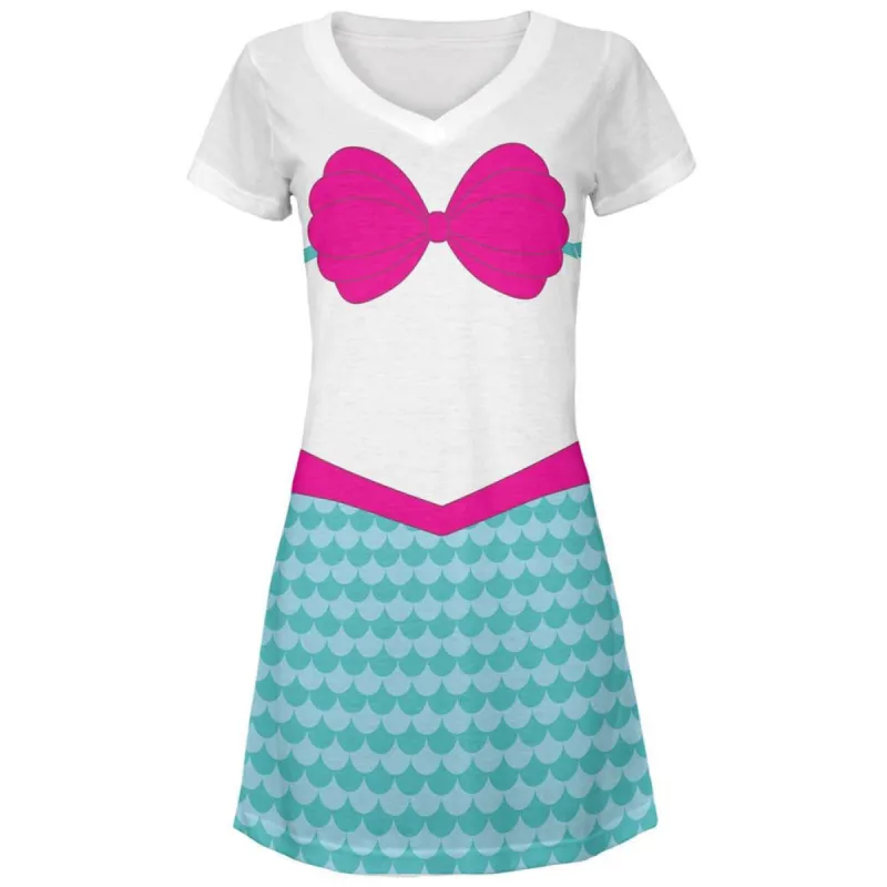Summer - Mermaid Pink Shell Bra Halloween Costume All Over Juniors V-Neck Dress sold by Old Glory