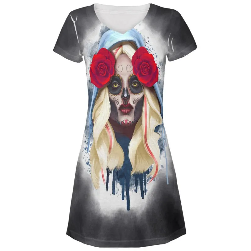Sugar Skull Girl All Over Juniors V-Neck Dress sold by Old Glory