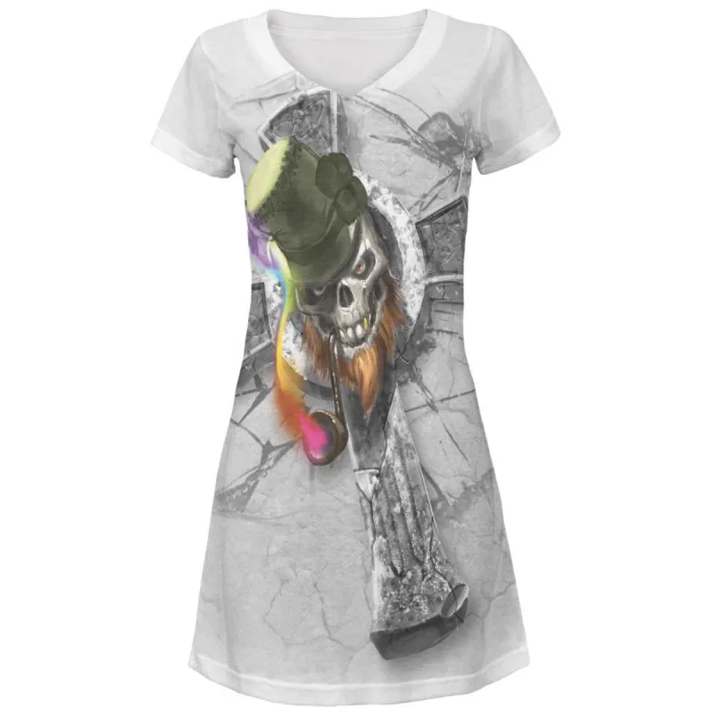St Patricks Irish Skull Leprechaun Celtic Cross Juniors V-Neck Dress sold by Old Glory