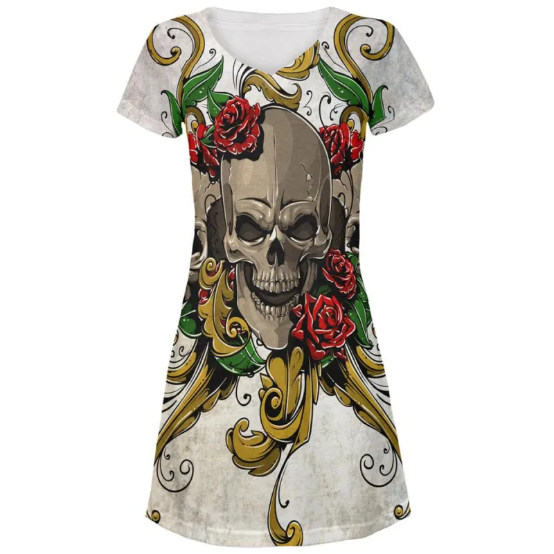 Skulls and Roses Metal Tattoo All Over Juniors V-Neck Dress sold by Old Glory