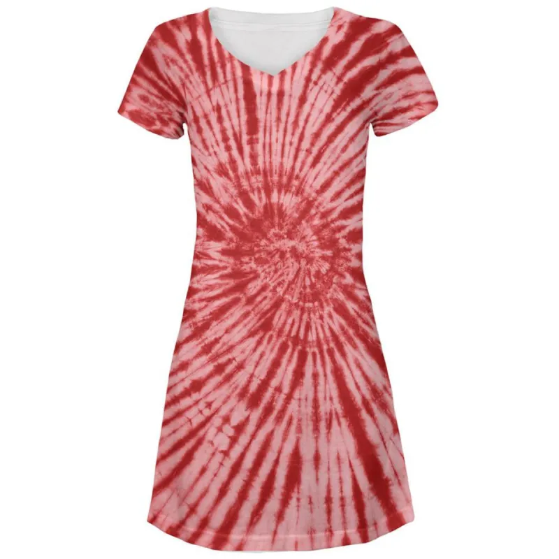 Red Tie Dye All Over Juniors V-Neck Dress sold by Old Glory