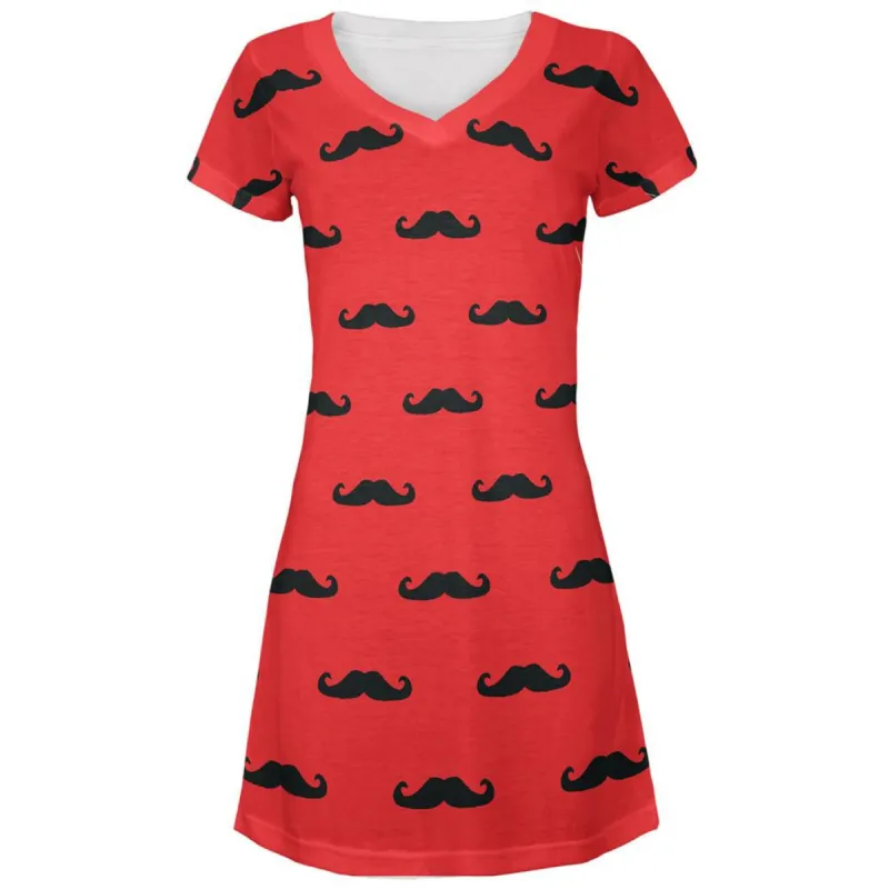 Red & Black Mustaches All Over Juniors V-Neck Dress sold by Old Glory