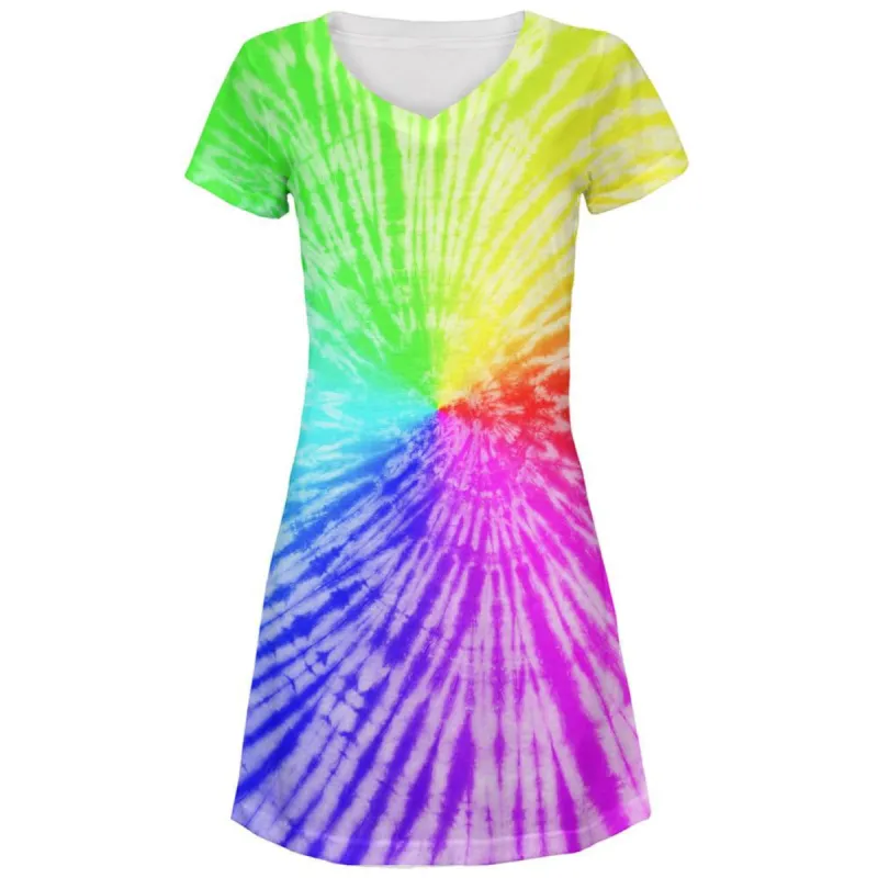 Rainbow Pride LGBT Tie Dye All Over Juniors V-Neck Dress sold by Old Glory