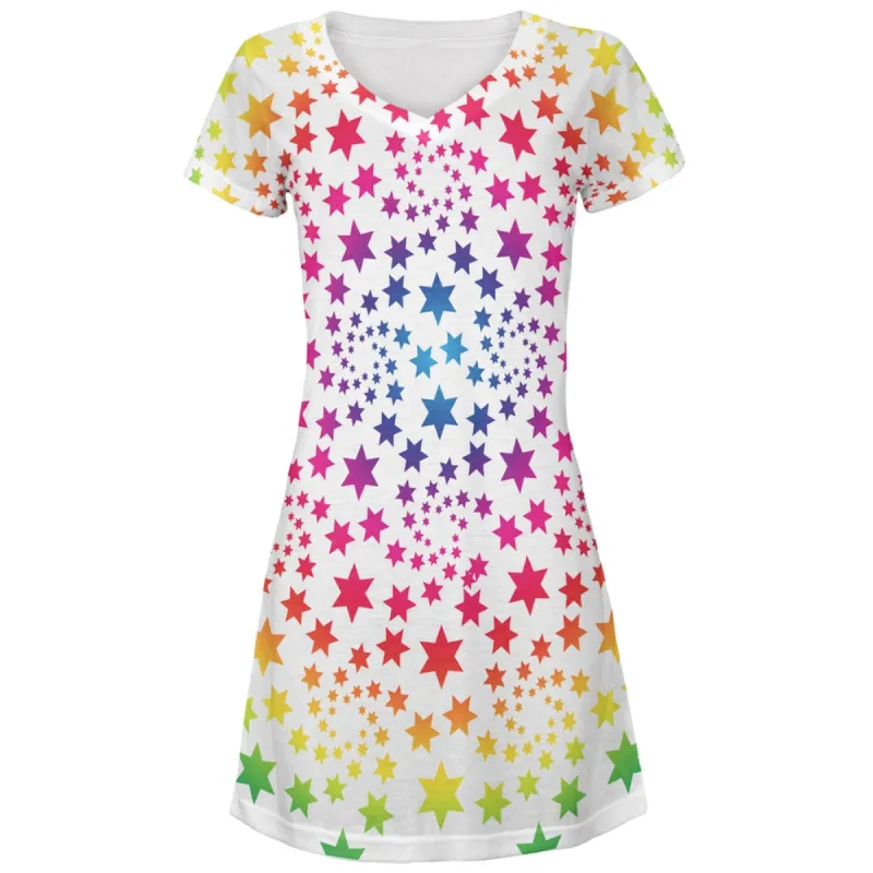 Rainbow Star Swirls Juniors V-Neck Beach Cover-Up Dress sold by Old Glory