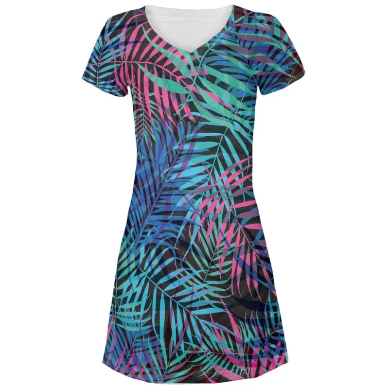 Palm Fronds Tropical Black All Over Juniors V-Neck Dress sold by Old Glory