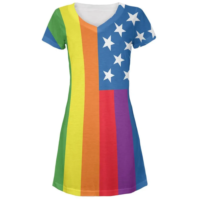 LGBT American Flag Rainbow All Over Juniors V-Neck Dress sold by Old Glory
