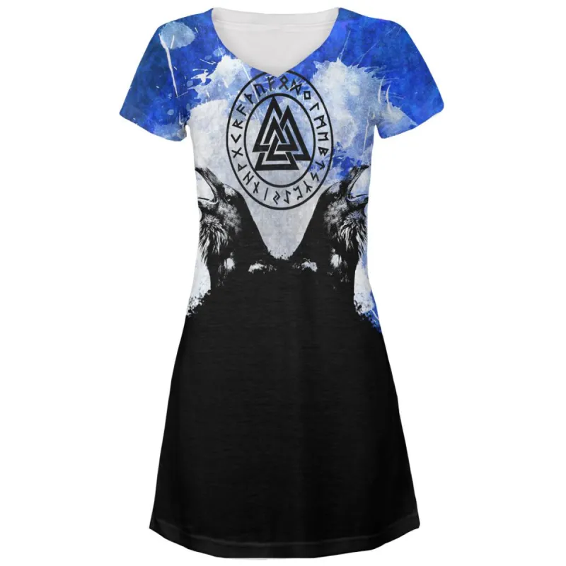 Huginn and Muninn Odin's Ravens Blue Splatter Juniors V-Neck Beach Cover-Up Dress sold by Old Glory