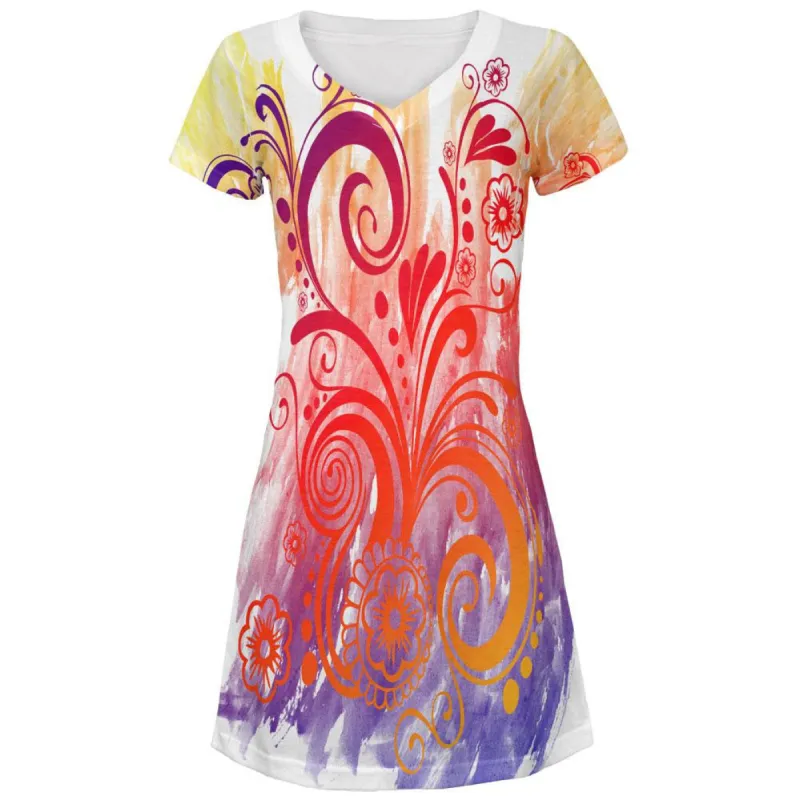 Henna Rainbow Watercolor Paint Swirls All Over Juniors V-Neck Dress sold by Old Glory